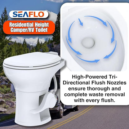 SEAFLO Residential Height Camper/RV Toilet with Elongated Ceramic Bowl, 19” Standard Height, Gravity Flush System, Foot Pedal Operation, Soft Close Seat, 4-Year Warranty