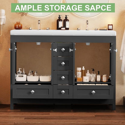 48" Bathroom Vanity with Sink, Large Space Bathroom Double Sink with 2 Door & 6 Drawer, Vanity Sinks for Bathrooms, Black, 47.3" × 19.7" × 35.5"