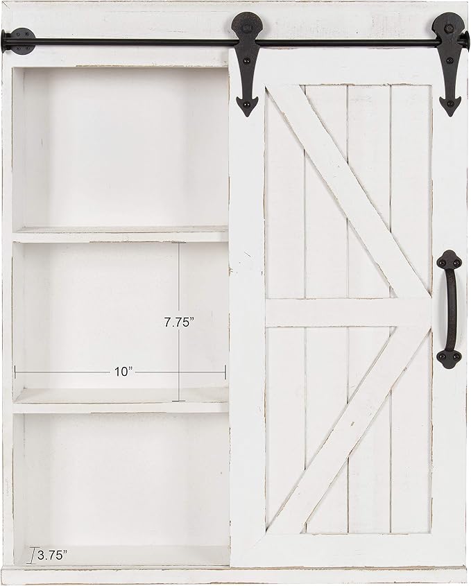 Kate and Laurel Cates Decorative Wood Wall Storage Cabinet with Rectangle Mirror and Sliding Barn Door, 22 x 28, Rustic White, Farmhouse Decor for Wall Storage