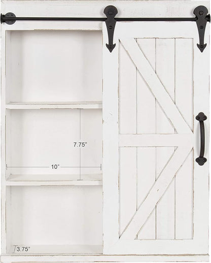 Kate and Laurel Cates Decorative Wood Wall Storage Cabinet with Rectangle Mirror and Sliding Barn Door, 22 x 28, Rustic White, Farmhouse Decor for Wall Storage