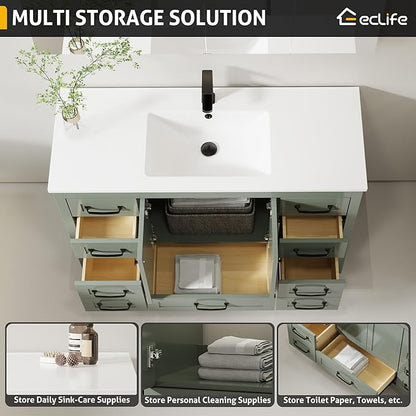 eclife 48" Bathroom Vanities with Sink Combo, Modern Thickened Wood Bathroom Storage Cabinet w/Undermount Single Sink, Matte Black Faucet Drain, Painted Surface, Green