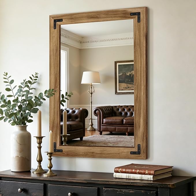 AMOISE Farmhouse Bathroom Vanity Mirror 38"x26" Vintage Rustic Wall Mirror | Wood Frame, Over Sink Mirror for Bathroom, Entryway, Bedroom, Living Room, Vertical or Horizontal Hanging