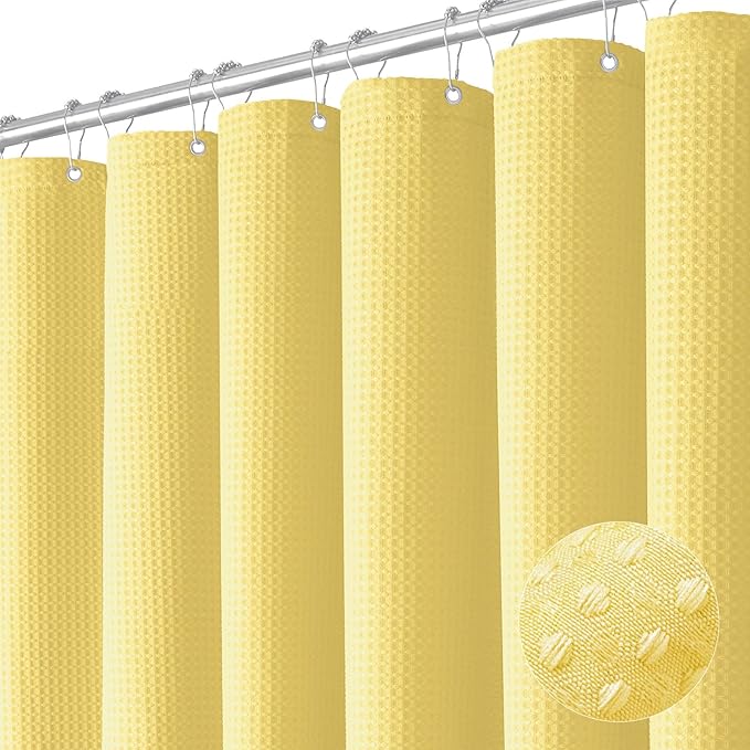 Long Waffle Shower Curtain 256 GSM Heavy Fabric 72x78 Yellow | 78 Inch Long, Thick Cloth, Weighted Hem, Water Repellent, Tall Hotel Luxury Polyester Shower Curtains for Bathroom 12 Hooks