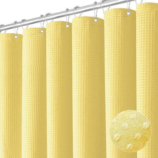 Extra Long Waffle Shower Curtain 256 GSM Fabric 72"x84" Yellow | 84 Inch Long, Thick Cloth, Weighted Hem, Water Repellent, Tall Hotel Luxury Polyester Shower Curtains for Bathroom 12 Hooks