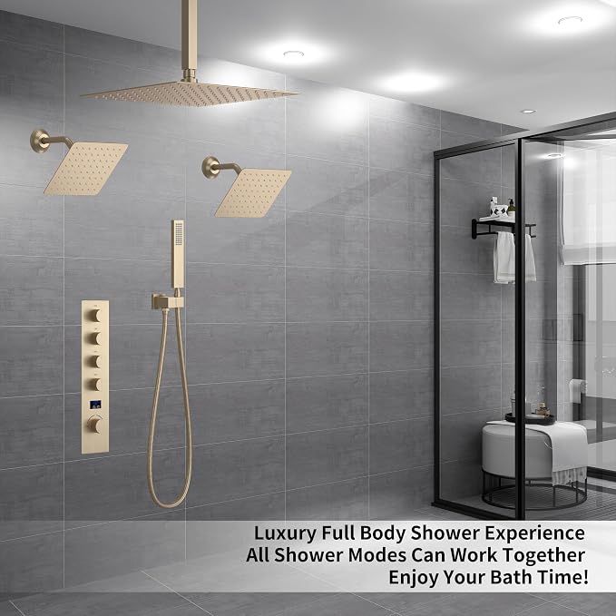 Brushed Gold Shower System with 3 Rain Shower Head(12+8+8 inch), Handheld Spray, 4 Way Smart Temperature Display Shower Faucet set