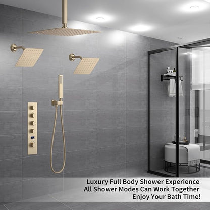 Brushed Gold Shower System with 3 Rain Shower Head(12+8+8 inch), Handheld Spray, 4 Way Smart Temperature Display Shower Faucet set