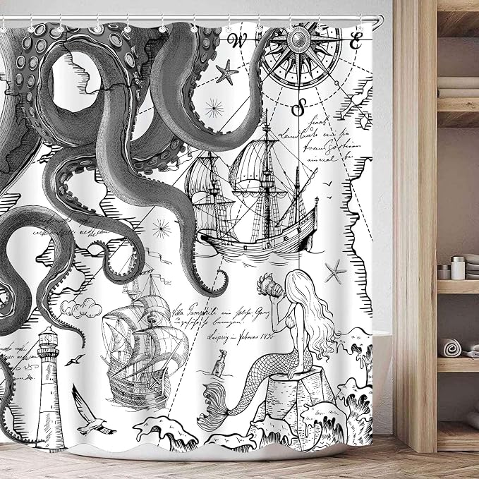 Fungarth Black Gray Nautical Octopus Shower Curtain Grey Mermaid Funny Ocean Kraken Shower Curtains for Bathroom Cool Anchor Coastal Map Waterproof Fabric Bath Curtain with Hooks (Gray, 72” x 72”)