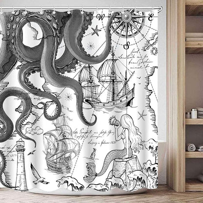 Fungarth Black Gray Nautical Octopus Shower Curtain Grey Mermaid Funny Ocean Kraken Shower Curtains for Bathroom Cool Anchor Coastal Map Waterproof Fabric Bath Curtain with Hooks (Gray, 72” x 72”)