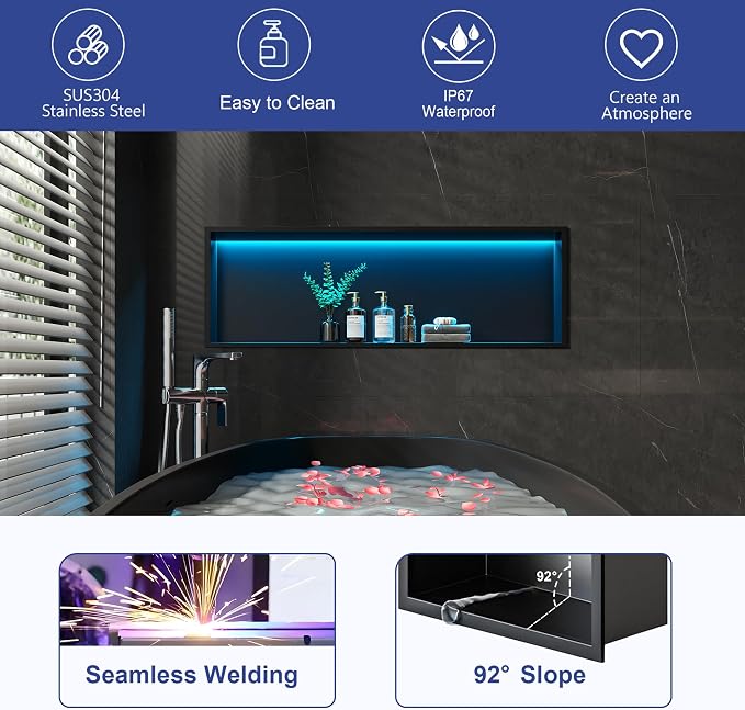 RGB Shower Niche LED Lights Waterproof, Matte Black Recessed Wall Niche-36X12 in Stainless Steel Niches for Shower, Tile-Ready for Bathroom Storage Shower Niche