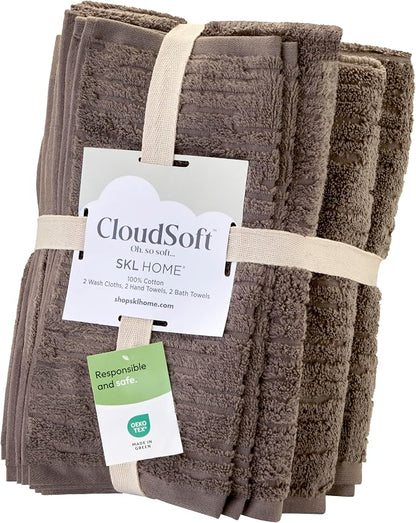 SKL Home CloudSoft Bath Towel Set, 6-Piece, 100% Cotton Luxury, Mink Brown | 2 Bath towels, 2 hand towels, 2 washcloths. Premium spa-level quality. 600/520 GSM weight. Ultra plush & absorbent.