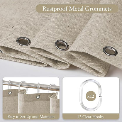 Linen Scallop Shower Curtain with 12 Clear Hooks, Waterproof, 72x84, Beige | Cute Washable Heavy Duty Thick Fabric with Black Border, Neutral Modern Farmhouse Boho Décor