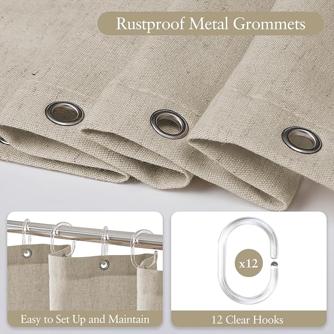 Linen Scallop Shower Curtain with 12 Clear Hooks, Waterproof, 72x78, Beige | Heavy Duty Waterproof Fabric with Black Border, Cute Modern Farmhouse Bathroom Décor