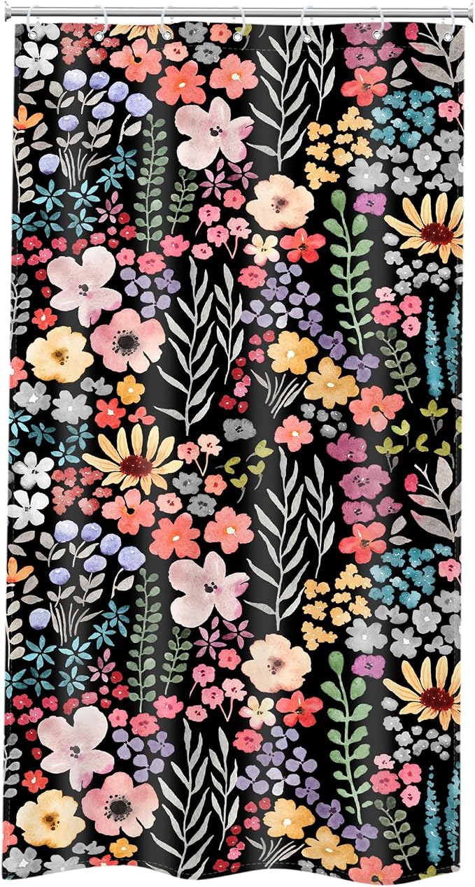 Small Stall Narrow Half Single Floral Stand Up Bathroom Shower Curtain Set | 36"W x 72"H Black Leaves; waterproof HD print, quick-dry fabric with 12 hooks for easy hanging.