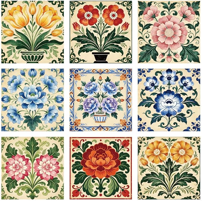 36Pcs 9 Styles Vintage Floral Peel and Stick Tile 4 x 4 Inch Colorful Tile Stickers Square Flower Pattern Waterproof PVC Decal for Kitchen Bathroom Backsplash Furniture Floor DIY Home Decor