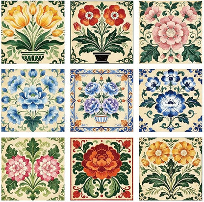 36Pcs 9 Styles Vintage Floral Peel and Stick Tile 4 x 4 Inch Colorful Tile Stickers Square Flower Pattern Waterproof PVC Decal for Kitchen Bathroom Backsplash Furniture Floor DIY Home Decor