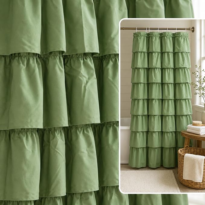 Green Ruffle Shower Curtain for Bathroom, 36x72 inch, 1 Panel, 6ft | Elegant Ruffled Drape, Cottagecore Bathroom Style, Shabby Chic Ruffles, 36 x 72, 12 Hooks Included, Machine Washable, Cloth