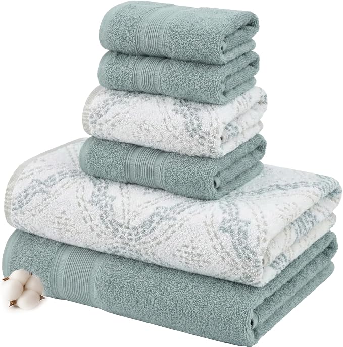 Modern Threads Capri 6-Piece Reversible Yarn Dyed Jacquard Towel Set - Bath Towels, Hand Towels, & Washcloths - Super Absorbent & Quick Dry - 100% Combed Cotton, Ivy