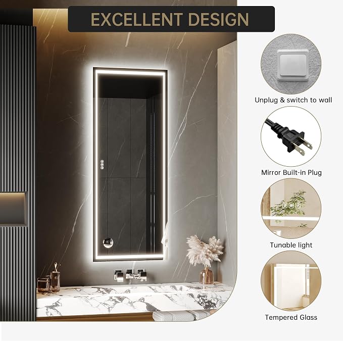 LED Bathroom Wall Mirror 60 x 36 Inch, Frameless Vanity Mirror with Front Light & Ambient Backlight, Single Front LED Strip with 150mm Suction 3X Mirror, Dimmable & Adjustable Color Tempera