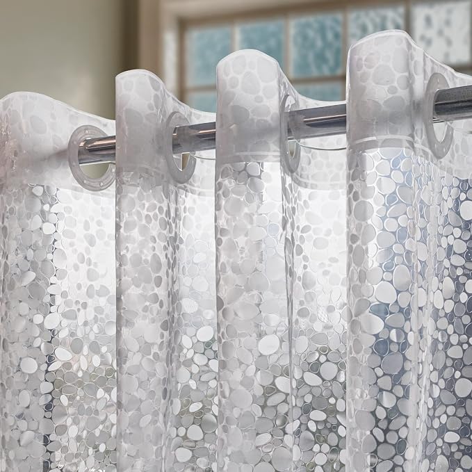 No Hook Shower Curtain or Liner, Standard Size 71 x 74, Pebble | 8G Heavy Duty, Cobblestone Bathroom Shower Curtain, No Hooks Required, Waterproof Plastic & PVC Free