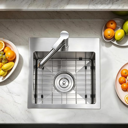 Comllen 18x18 Inch Drop in Bar Sink,Top Mount Handmade 16 Gauge Stainless Steel Small Kitchen Sink,9 Inch Deep Single Bowl Workstation Wet Bar Sink with Stainless Steel Grid & Strainer