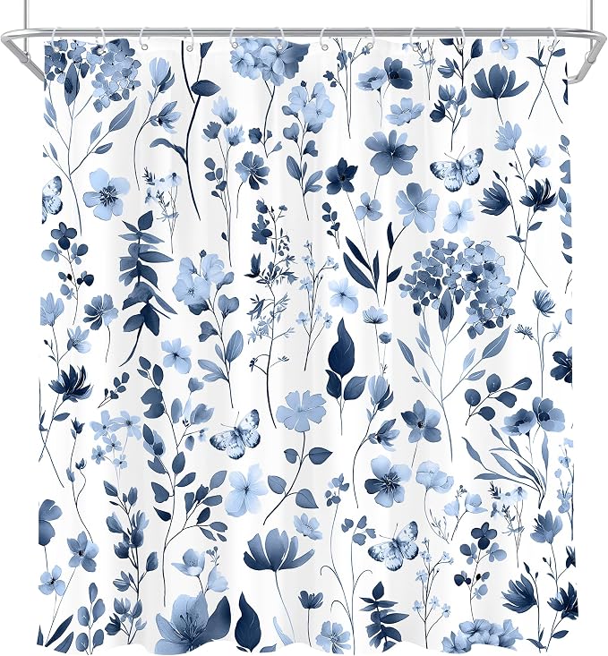 Cute Floral Navy Blue Flower Wildflower Rustic Bathroom Shower Curtain Set | 72"W x 72"H Plants Leaves; waterproof HD print, quick-dry fabric and plastic hooks for easy setup.