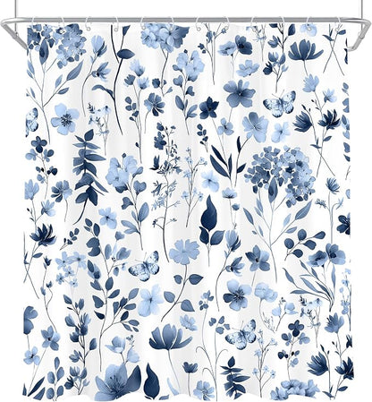 Cute Floral Navy Blue Flower Wildflower Rustic Bathroom Shower Curtain Set | 72"W x 72"H Plants Leaves; waterproof HD print, quick-dry fabric and plastic hooks for easy setup.