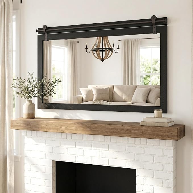 27"x49" Black Wood Grain Barn Door Wall Mirror with Wood Header | 100% solid wood, HD tempered glass, bronze-tone iron rail; large farmhouse wall mirror for double vanity, mantel, entryway
