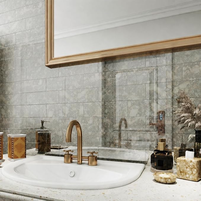 20PCS Peel and Stick Backsplash, 3"x 9" Antique Mirror Glass Tile(Rust) | Self-Adhesive Subway Tile, Backsplash Tile for Kitchen/Bathroom/Living Room