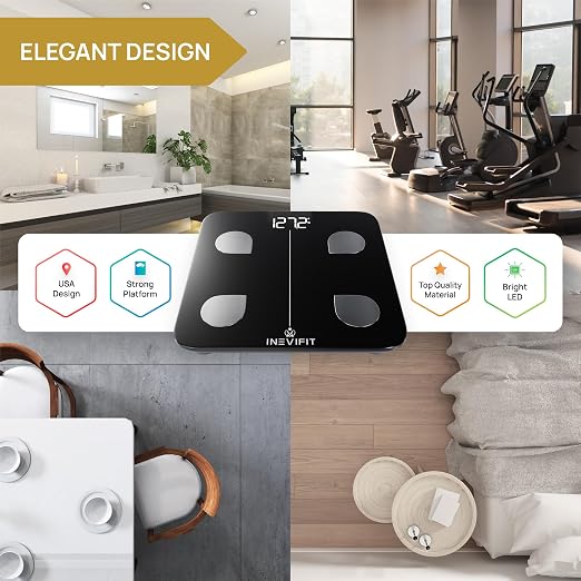 INEVIFIT Smart Body Fat Scale, Highly Accurate Bluetooth Digital Bathroom Body Composition Analyzer, Measures Weight, Body Fat, Water, Muscle, Visceral Fat & Bone Mass for Unlimited Users (Black)