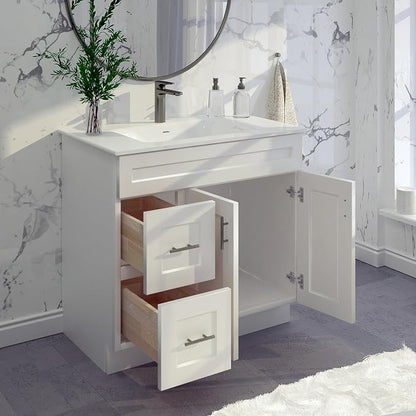 36" White Shaker Bathroom Vanity Base – Ready-to-Assemble Sink Cabinet with Drawers, Freestanding Bathroom Vanity Base Only, No Top or Sink