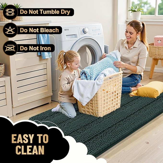 OLANLY Thick Small Bathroom Rugs 24x16, Chenille Bath Rugs, Blackish Green | Rubber Backing, Machine Wash, Extra Absorbent Striped Bath Mats for Bathroom Floor, Tub and Shower, Home Decor Accessories