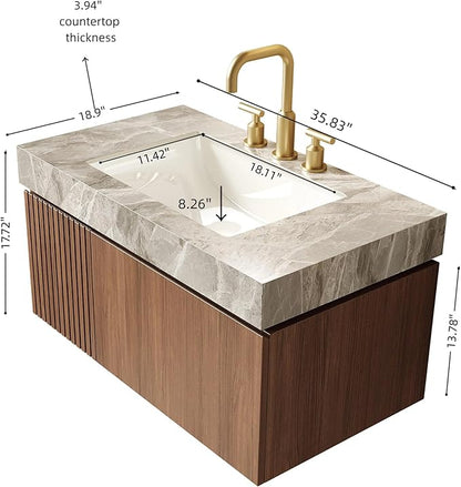 KEIKI 36 Inch Floating Bathroom Vanity with Sink, Modern Wall Mounted Storage Cabinet with Drawer, Pre-Assembled Waterproof Wood Panels, Sintered Stone Top & Ceramic Basin Combo Set, Brown Oak & Grey