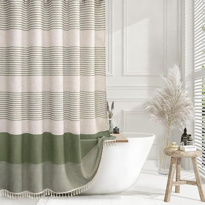 Sage Green Boho Linen Striped Shower Curtain with Tassel 72"W X 75"L | Boho Farmhouse Shower Curtains with Linen Texture for Bathroom Decor