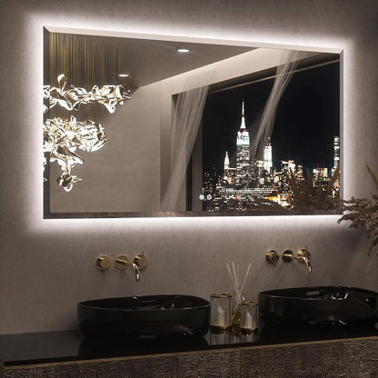Keonjinn 55" x 30" Backlit Bathroom Mirror with Lights, HD Tempered Glass | Beveled Edge, 3 Colors Lights Warm/Natural/White, Dimmable, Auto-OFF Defogging, Smart, Frameless LED Mirror for Bathroom