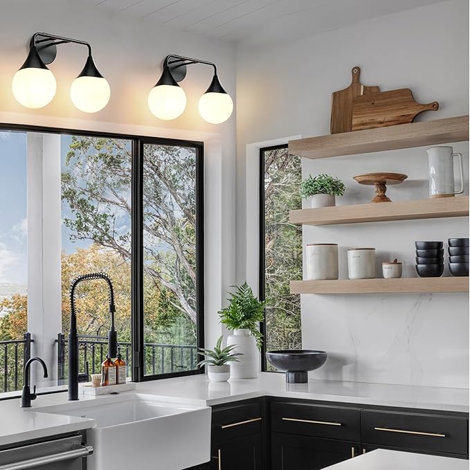 Bathroom Vanity Light Fixtures: 2 Lights Mid Century Farmhouse Bathroom Lighting Fixtures Over Mirror - Matte Black Wall Sconces with Frosted Globe Glass for Hallway Restroom