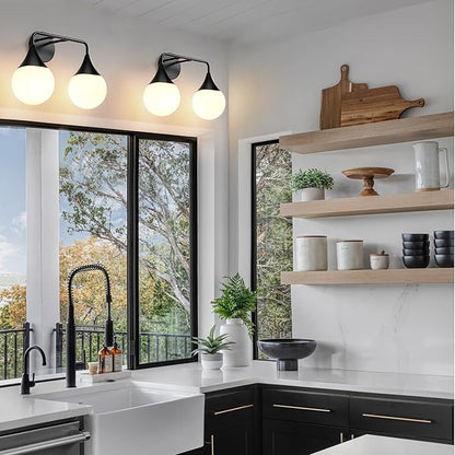 Bathroom Vanity Light Fixtures: 2 Lights Mid Century Farmhouse Bathroom Lighting Fixtures Over Mirror - Matte Black Wall Sconces with Frosted Globe Glass for Hallway Restroom