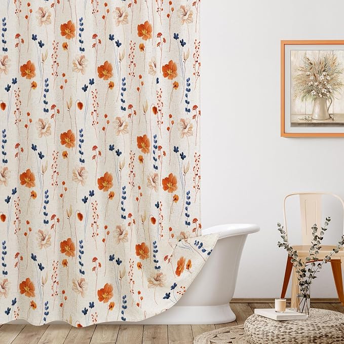 Orange Navy Linen Watercolor Floral Fabric Shower Curtain, 72x72 | Linen Fabric, Modern Minimalist Floral Print, Machine Washable, Rustproof Grommets, for Bathroom Home