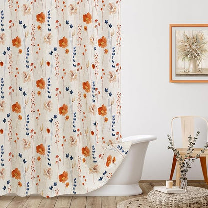 Orange Navy Linen Watercolor Floral Fabric Shower Curtain, 72x72 | Linen Fabric, Modern Minimalist Floral Print, Machine Washable, Rustproof Grommets, for Bathroom Home