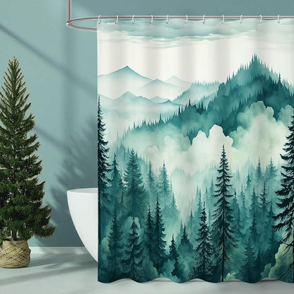 Litabel Teal Blue Misty Pine Forest Shower Curtain, Mountain Foggy Woodland Scenery Tree Shower Curtains for Chic Rustic Bathroom, Turquoise Abstract Waterproof Nature-Themed Decor, 72x72 Inches