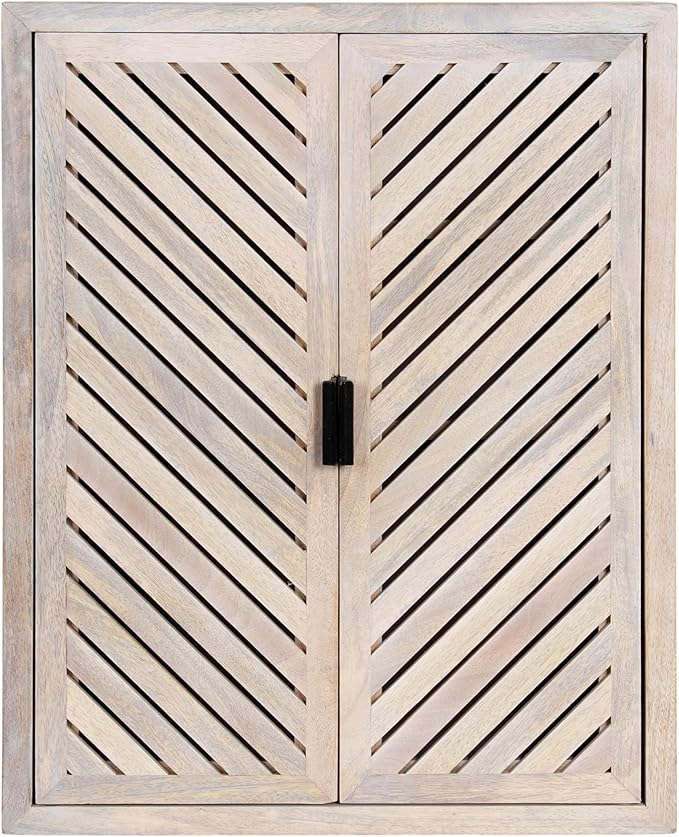 Kate and Laurel Mezzeta Decorative Coastal Two-Door Floating Bathroom Cabinet; 22 x 7 x 28; Whitewash; Decorative Over Toilet Storage Cabinet Made from Solid Mango Wood with Slatted Chevron Design