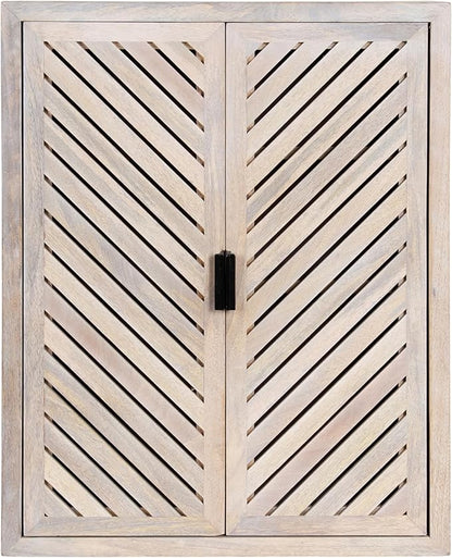 Kate and Laurel Mezzeta Decorative Coastal Two-Door Floating Bathroom Cabinet; 22 x 7 x 28; Whitewash; Decorative Over Toilet Storage Cabinet Made from Solid Mango Wood with Slatted Chevron Design