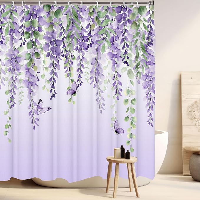 Purple Flower Shower Curtain, Lavender Vines Butterfly Shower Curtains for Bathroom, Farmhouse Bathtub Curtain Set, Lilac Floral Fabric Shower Curtains with 12 Hooks, 72X72 Inches