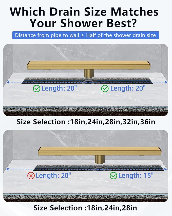 YEFU Gold Shower Drain 18 Inch with Tile Insert, Linear Drain for Bathroom | Anti-Corrosion, Fast Drainage, Hair Catcher, 304 Stainless Steel, Easy Clean, Linear shower Drain Fits Hotel Toilet Balcony