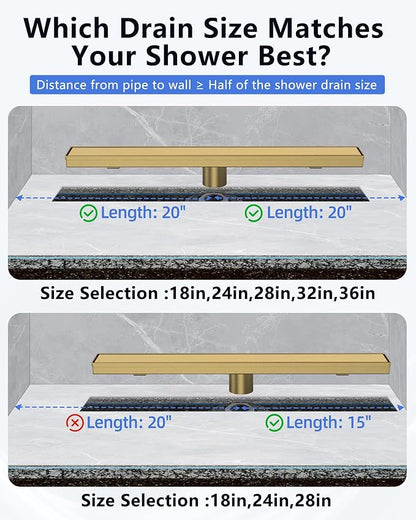 YEFU Gold Shower Drain 18 Inch with Tile Insert, Linear Drain for Bathroom | Anti-Corrosion, Fast Drainage, Hair Catcher, 304 Stainless Steel, Easy Clean, Linear shower Drain Fits Hotel Toilet Balcony