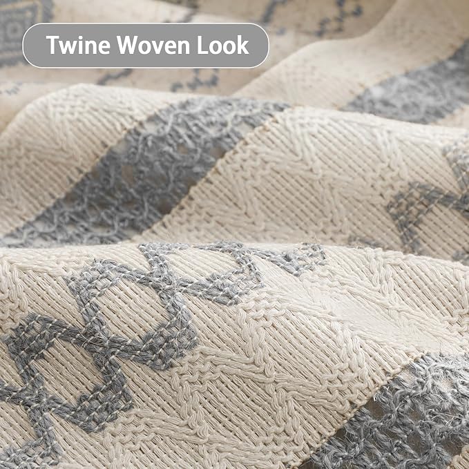 Light Grey Boho Linen Shower Curtain,72" W x 72" L | Linen Striped Print and Twine-Inspired Woven Center for Bathroom