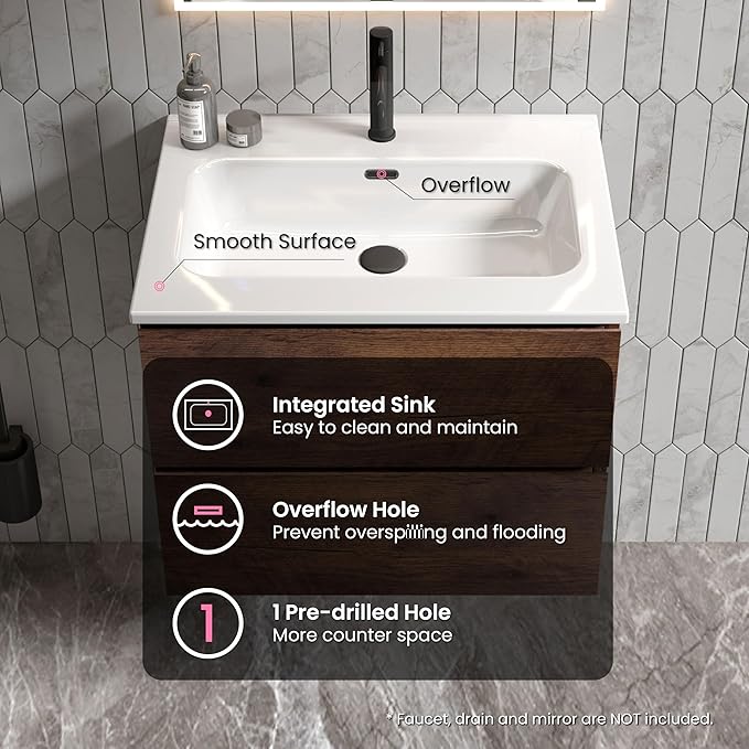 24" Bathroom Vanity with Sink, Modern Floating Vanity with Double Soft Closing Drawers, Large Storage for Small Space, Walnut, Fully Assembled - Iris Collection