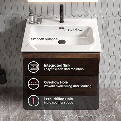 24" Bathroom Vanity with Sink, Modern Floating Vanity with Double Soft Closing Drawers, Large Storage for Small Space, Walnut, Fully Assembled - Iris Collection