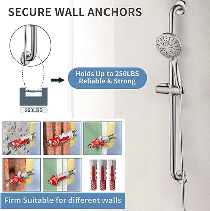 BRIGHT SHOWERS Slide Bar Shower Set with Handheld Shower Head, ADA-Compliant Stainless Steel Grab Bar, Adjustable Height and 69-Inch Hose, Brushed Nickel