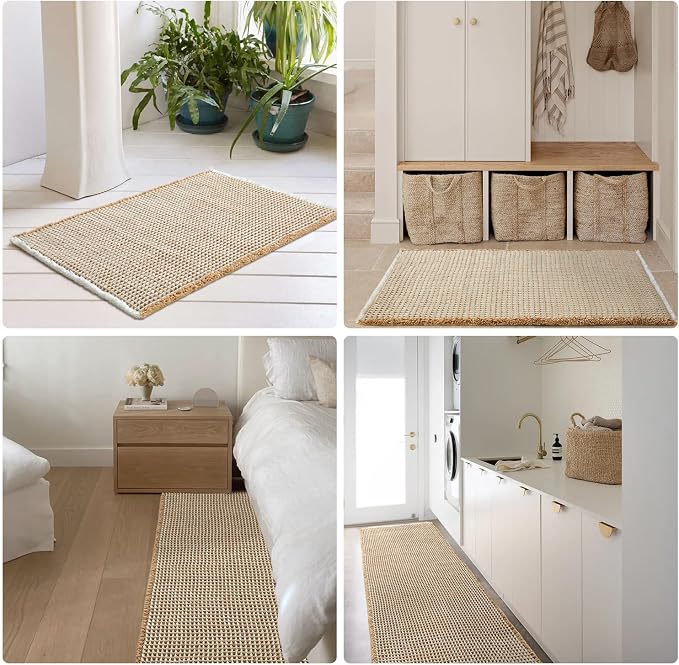 TYUU Waffle Bath Mat, Boho Bathroom Rugs Non Slip, 36x24 Khaki & White | Super Absorbent Quick Dry Bath Rug, Non-Slip Backing, Soft Waffle Washable Farmhouse Bathroom Mats, Tub, Shower & Home Decor