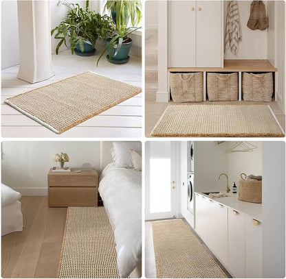 TYUU Waffle Runner Rug Bathroom, Long Boho Bath Mat, 60x24 Khaki & White | Super Absorbent Quick Dry Bath Rug, Non-Slip Backing, Soft Waffle Washable Farmhouse Bathroom Mats, Tub, Shower & Home Decor